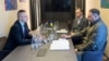 Міністр закордонних справ України Дмитро Кулеба і керівник Офісу президента України Андрій Єрмак (праворуч) під час зустрічі з міністром закордонних справ Угорщини Петером Сійярто (ліворуч). Ужгород, 29 січня 2024 року 