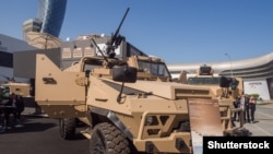 UAE - A French ACMAT Bastion armoured personnel carrier at a defense exhibition in Abu Dhabi, February 25, 2015.