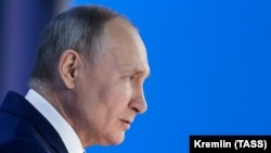 Росія. Москва. Президент РФ Володимир Путін під час виступу зі щорічним посланням до Федеральних зборів, 21 квітня 2021року