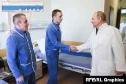 Юзбег Казитов, Иван Петррук жана Владимир Путин (солдон оңго) Мандрик атындагы Борбордук аскердик клиникалык госпиталда, 25-май, 2022-жыл, Москва облусу.