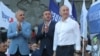 Armenia - Former President Robert Kocharian (R) and senior members of his Hayastan alliance, Vahe Hakobian (L) and Ishkhan Saghatelian, at an election campaign rally in Yerevan, June 9, 2021.