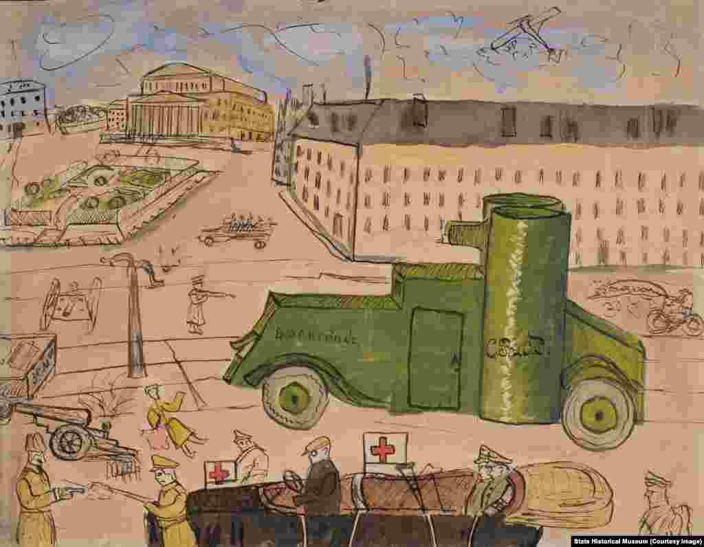 Большинство рисунков остались безымянными &ndash; их авторов установить не удалось, как и не нашлось упоминаний в записях самого Воронова. Неизвестный автор. &quot;Бой на Театральной площади&quot;. Аббревиатура на броневике расшифровывается как &quot;Совет рабочих и солдатских депутатов&quot;.