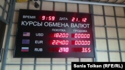 Ақтаудағы доллардың жоқ екенін айтқан валюта айырбастау пунктіндегі таблода доллардың сатылу бағасы көрсетілмеген. Ақтау, 21 желтоқсан 2014 жыл.